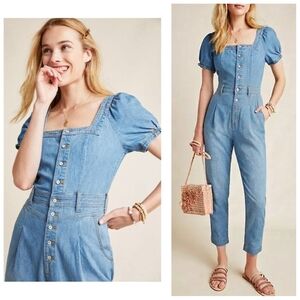 Anthropologie Pilcro Square-Neck Denim Puff-Sleeve Jumpsuit Size 14